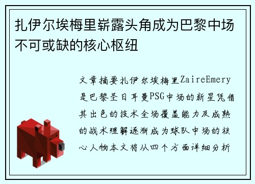 扎伊尔埃梅里崭露头角成为巴黎中场不可或缺的核心枢纽